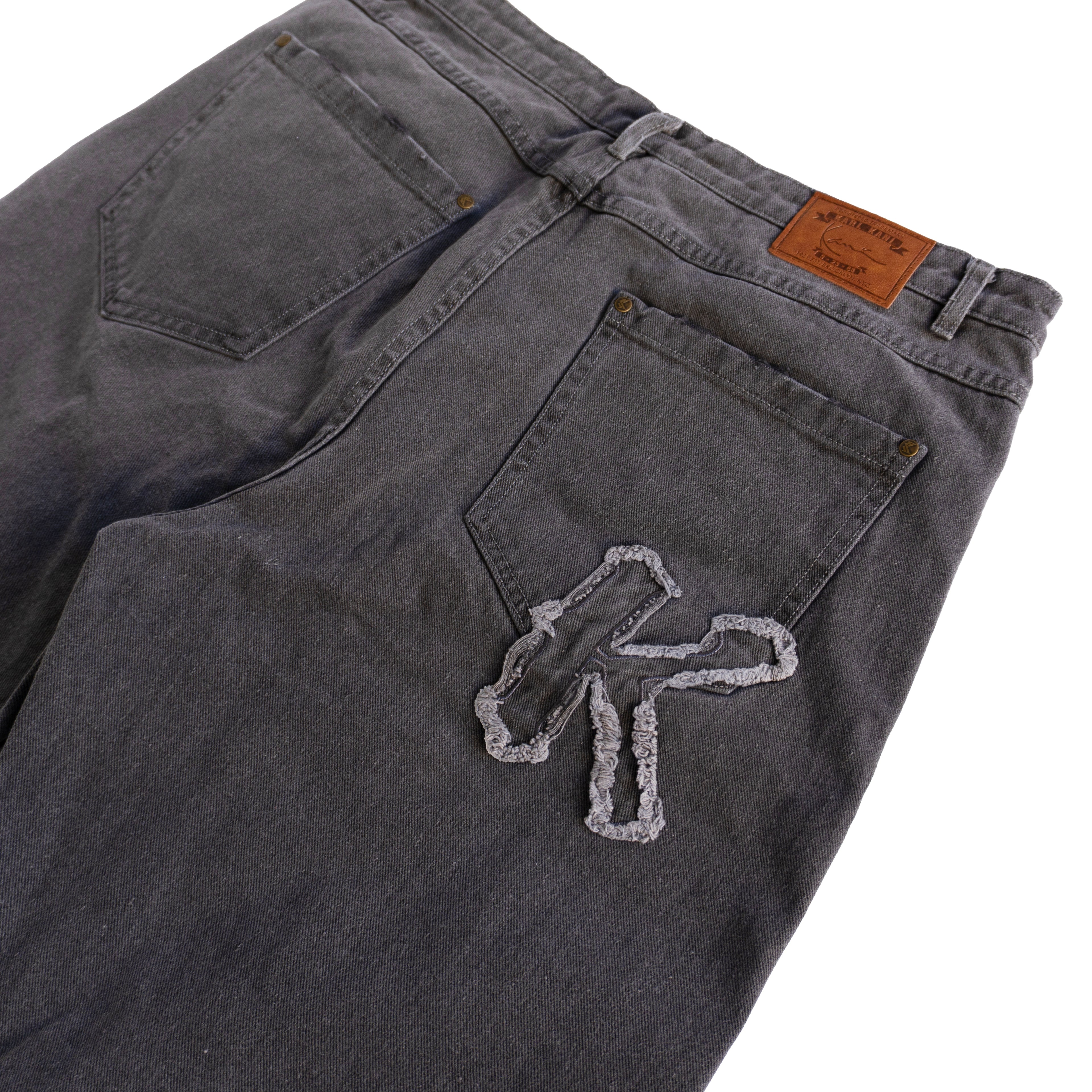 KARL KANI DISTRESSED LOGO JEANS – GREY