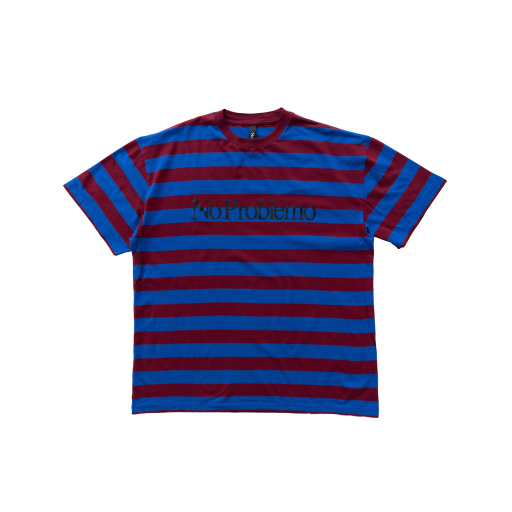 NO PROBLEMO STRIPED LOGO T-SHIRT – BURGUNDY / BLUE